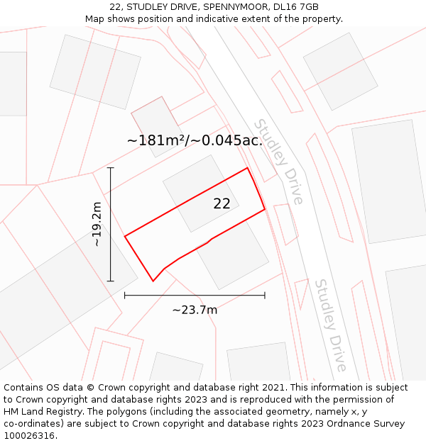 22, STUDLEY DRIVE, SPENNYMOOR, DL16 7GB: Plot and title map