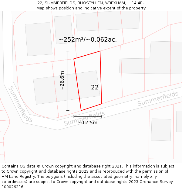 22, SUMMERFIELDS, RHOSTYLLEN, WREXHAM, LL14 4EU: Plot and title map