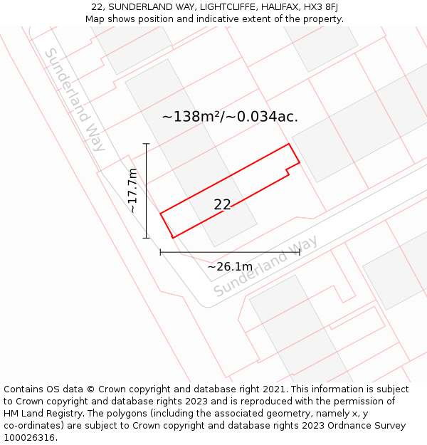 22, SUNDERLAND WAY, LIGHTCLIFFE, HALIFAX, HX3 8FJ: Plot and title map