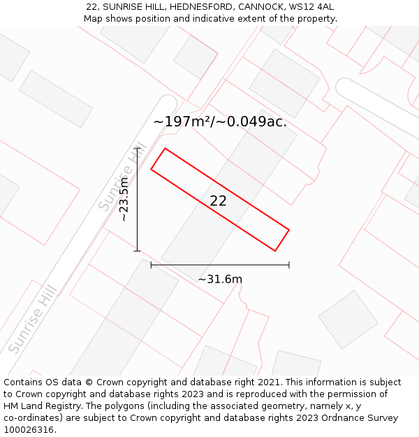 22, SUNRISE HILL, HEDNESFORD, CANNOCK, WS12 4AL: Plot and title map