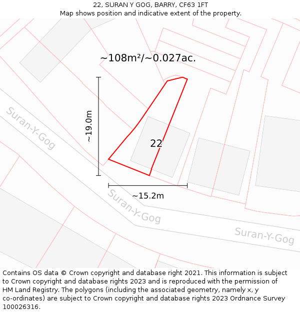 22, SURAN Y GOG, BARRY, CF63 1FT: Plot and title map