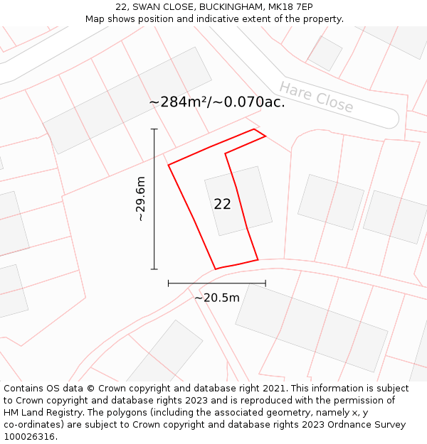 22, SWAN CLOSE, BUCKINGHAM, MK18 7EP: Plot and title map
