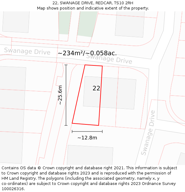 22, SWANAGE DRIVE, REDCAR, TS10 2RH: Plot and title map