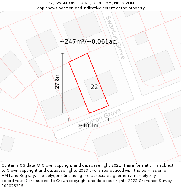 22, SWANTON GROVE, DEREHAM, NR19 2HN: Plot and title map