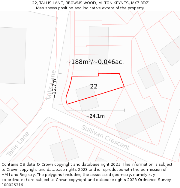 22, TALLIS LANE, BROWNS WOOD, MILTON KEYNES, MK7 8DZ: Plot and title map