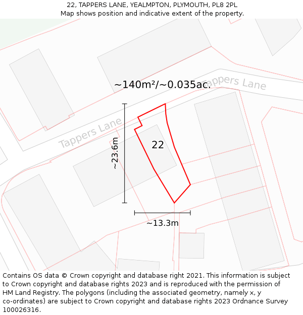 22, TAPPERS LANE, YEALMPTON, PLYMOUTH, PL8 2PL: Plot and title map