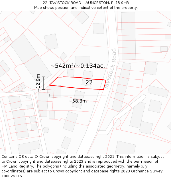 22, TAVISTOCK ROAD, LAUNCESTON, PL15 9HB: Plot and title map