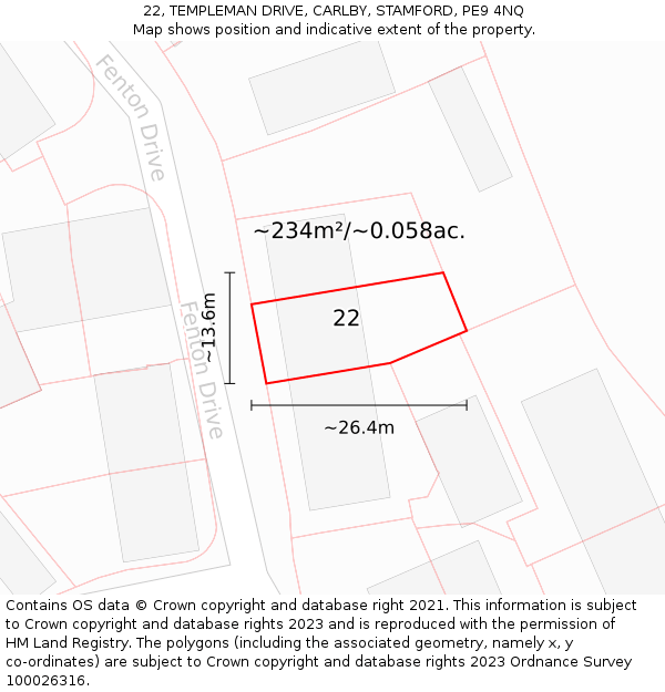 22, TEMPLEMAN DRIVE, CARLBY, STAMFORD, PE9 4NQ: Plot and title map