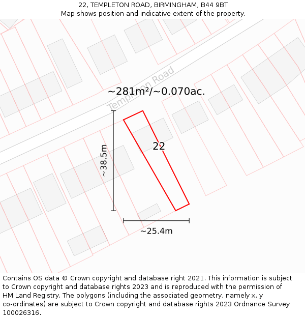 22, TEMPLETON ROAD, BIRMINGHAM, B44 9BT: Plot and title map