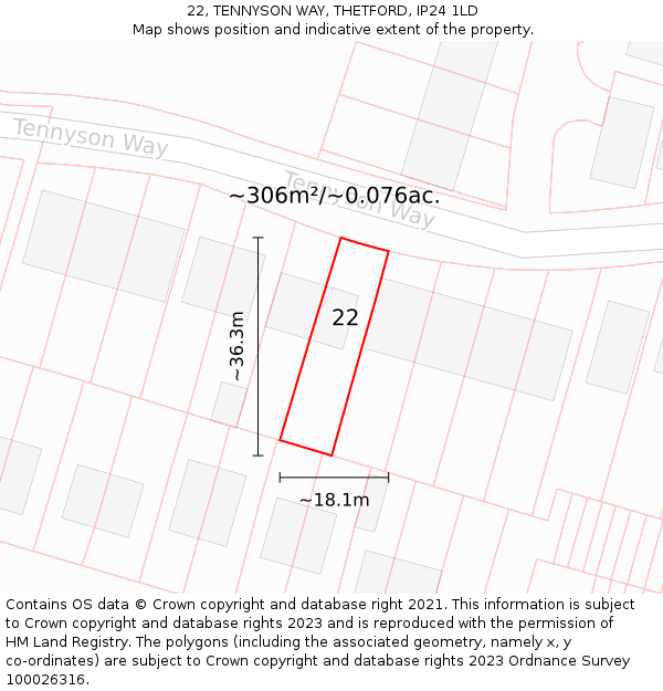 22, TENNYSON WAY, THETFORD, IP24 1LD: Plot and title map