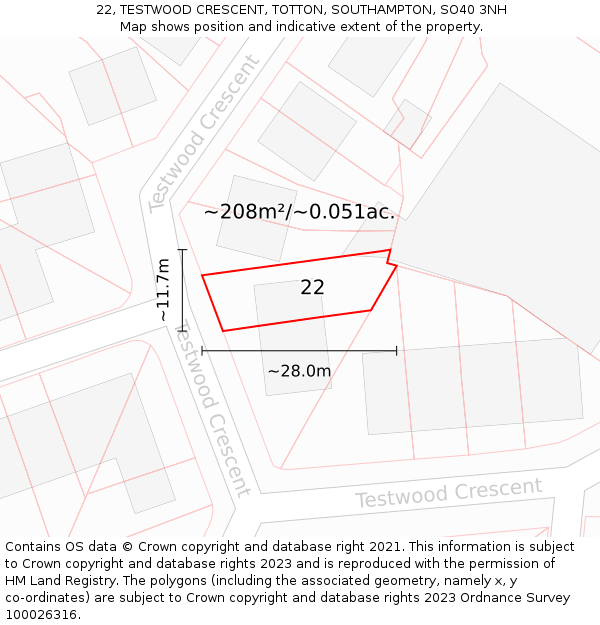 22, TESTWOOD CRESCENT, TOTTON, SOUTHAMPTON, SO40 3NH: Plot and title map