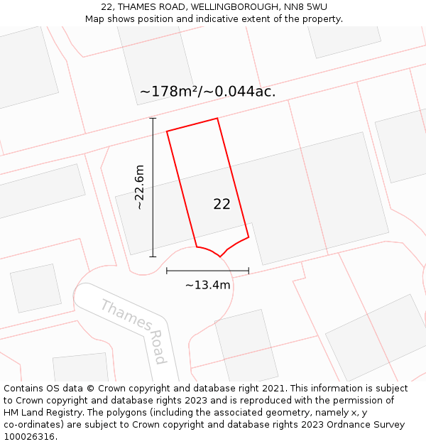 22, THAMES ROAD, WELLINGBOROUGH, NN8 5WU: Plot and title map