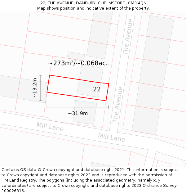 22, THE AVENUE, DANBURY, CHELMSFORD, CM3 4QN: Plot and title map