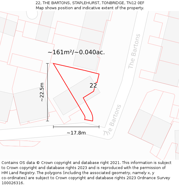 22, THE BARTONS, STAPLEHURST, TONBRIDGE, TN12 0EF: Plot and title map