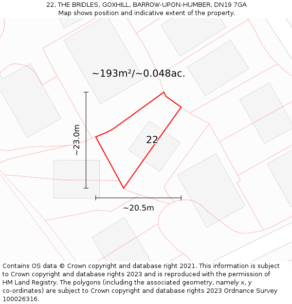 22, THE BRIDLES, GOXHILL, BARROW-UPON-HUMBER, DN19 7GA: Plot and title map