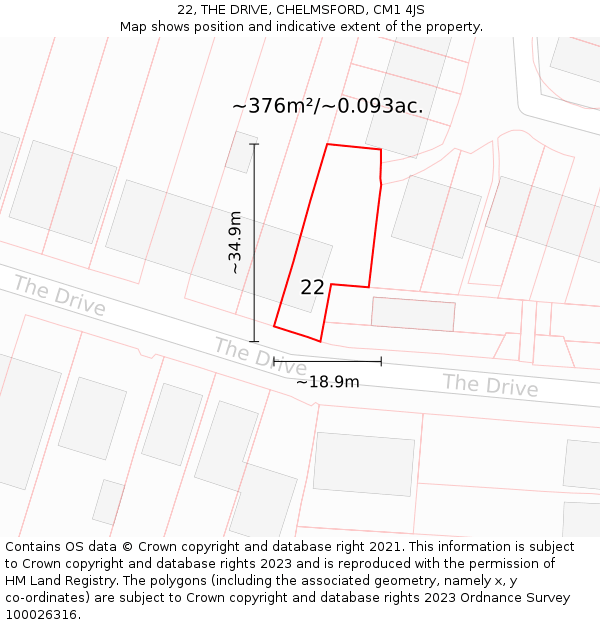 22, THE DRIVE, CHELMSFORD, CM1 4JS: Plot and title map