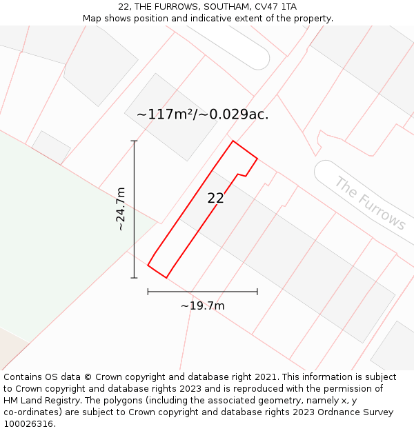 22, THE FURROWS, SOUTHAM, CV47 1TA: Plot and title map