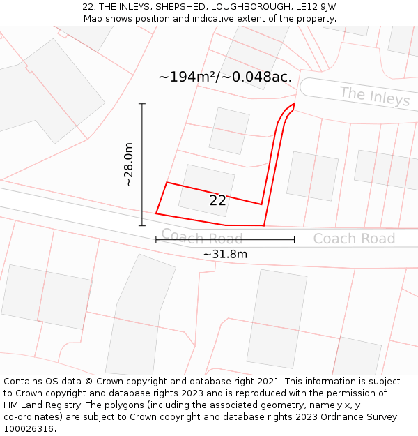 22, THE INLEYS, SHEPSHED, LOUGHBOROUGH, LE12 9JW: Plot and title map