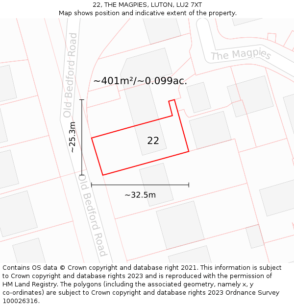 22, THE MAGPIES, LUTON, LU2 7XT: Plot and title map