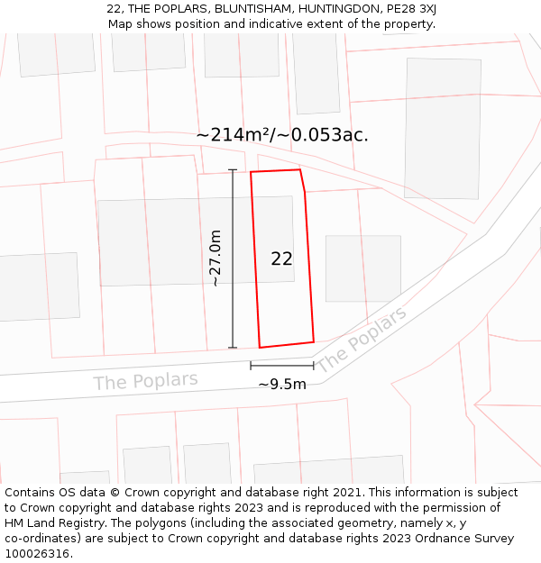 22, THE POPLARS, BLUNTISHAM, HUNTINGDON, PE28 3XJ: Plot and title map