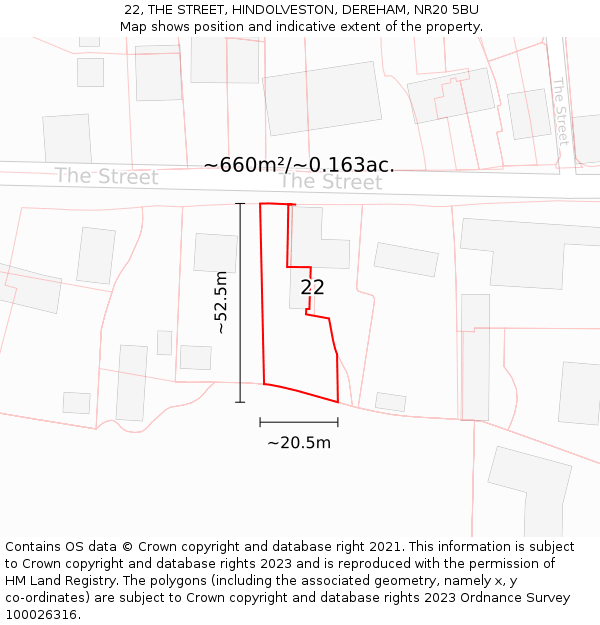 22, THE STREET, HINDOLVESTON, DEREHAM, NR20 5BU: Plot and title map