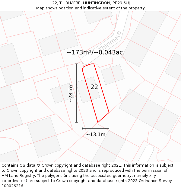 22, THIRLMERE, HUNTINGDON, PE29 6UJ: Plot and title map