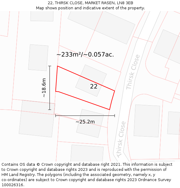 22, THIRSK CLOSE, MARKET RASEN, LN8 3EB: Plot and title map