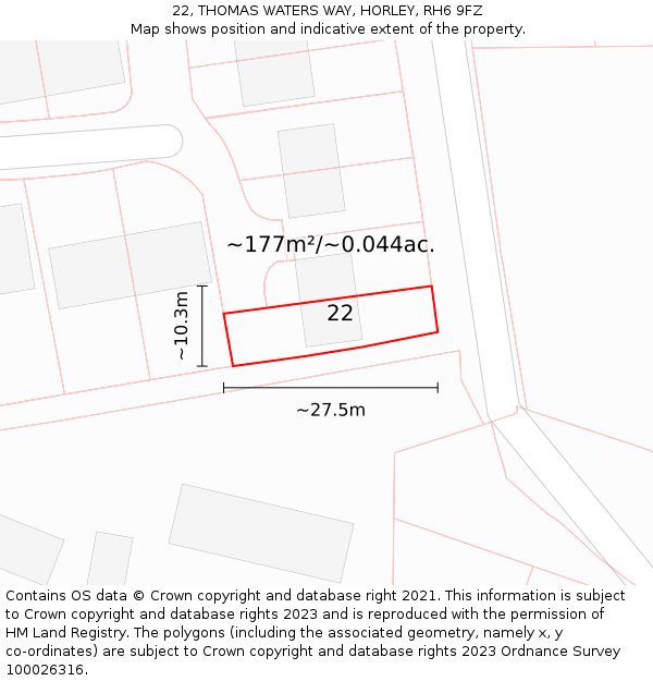 22, THOMAS WATERS WAY, HORLEY, RH6 9FZ: Plot and title map