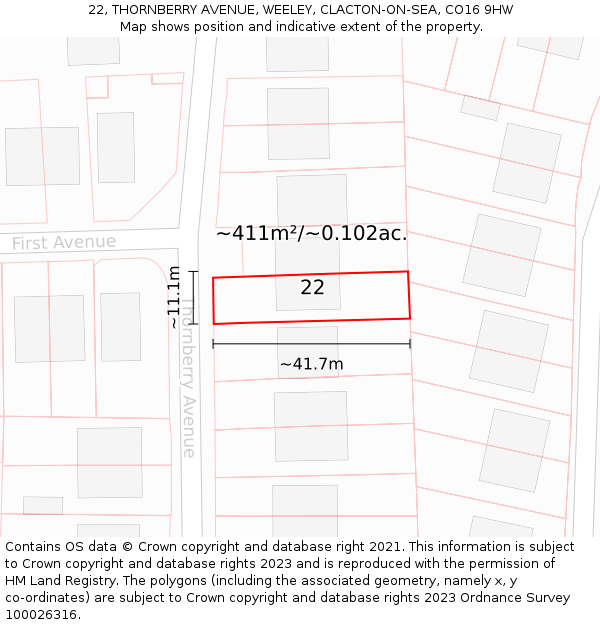 22, THORNBERRY AVENUE, WEELEY, CLACTON-ON-SEA, CO16 9HW: Plot and title map