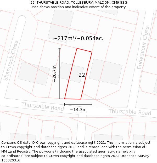 22, THURSTABLE ROAD, TOLLESBURY, MALDON, CM9 8SG: Plot and title map