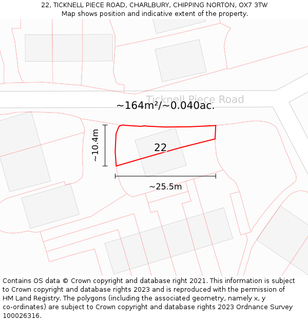 22, TICKNELL PIECE ROAD, CHARLBURY, CHIPPING NORTON, OX7 3TW: Plot and title map