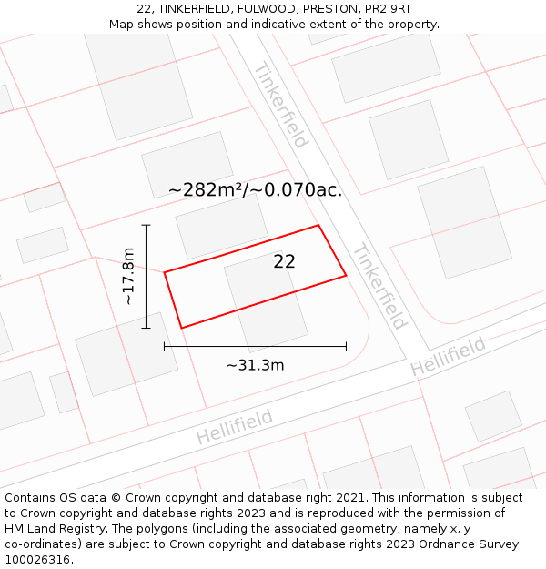 22, TINKERFIELD, FULWOOD, PRESTON, PR2 9RT: Plot and title map