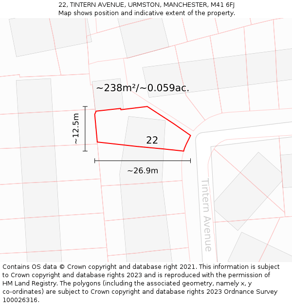 22, TINTERN AVENUE, URMSTON, MANCHESTER, M41 6FJ: Plot and title map