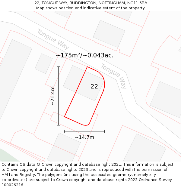 22, TONGUE WAY, RUDDINGTON, NOTTINGHAM, NG11 6BA: Plot and title map