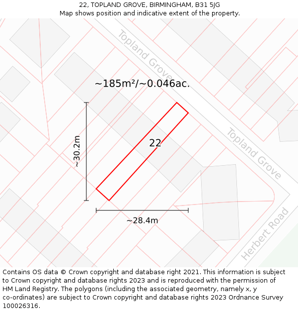 22, TOPLAND GROVE, BIRMINGHAM, B31 5JG: Plot and title map