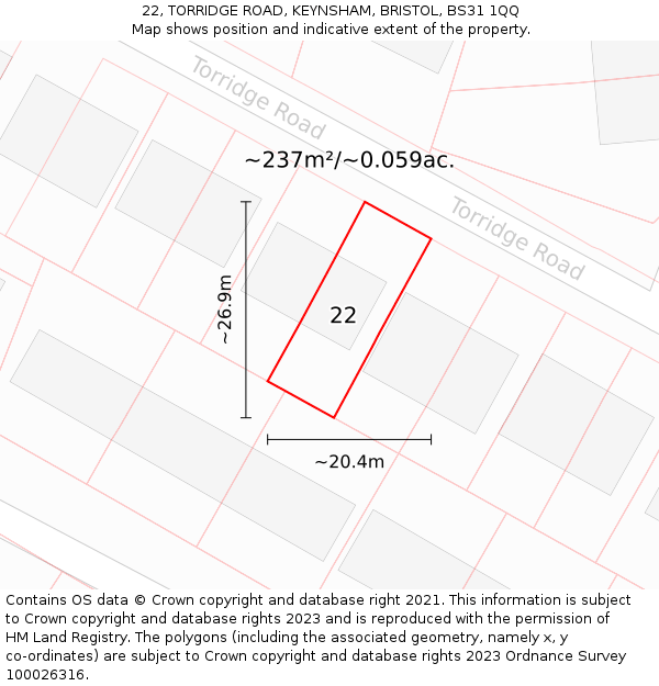 22, TORRIDGE ROAD, KEYNSHAM, BRISTOL, BS31 1QQ: Plot and title map