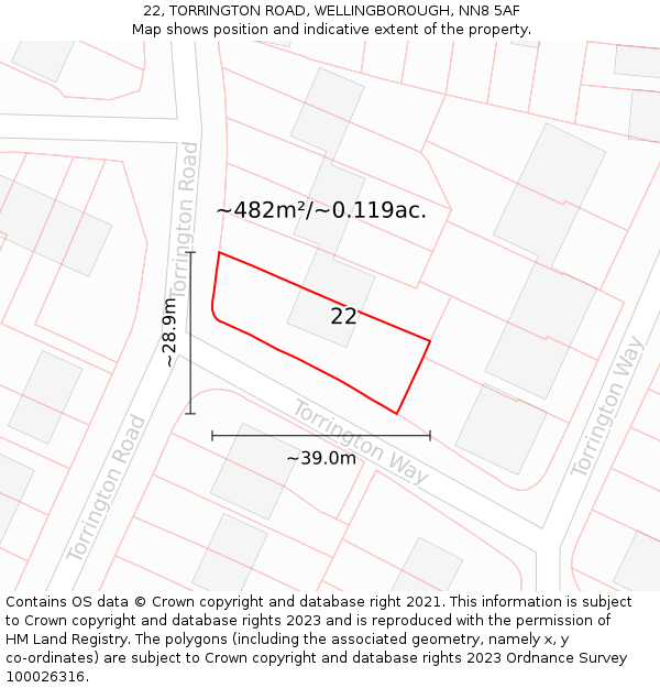 22, TORRINGTON ROAD, WELLINGBOROUGH, NN8 5AF: Plot and title map