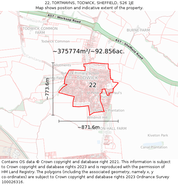 22, TORTMAYNS, TODWICK, SHEFFIELD, S26 1JE: Plot and title map