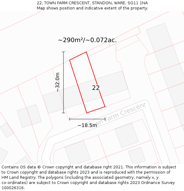 22, TOWN FARM CRESCENT, STANDON, WARE, SG11 1NA: Plot and title map