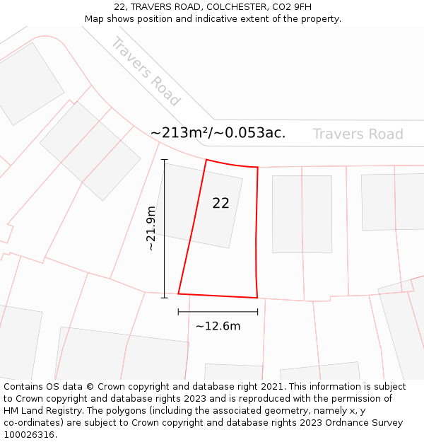 22, TRAVERS ROAD, COLCHESTER, CO2 9FH: Plot and title map