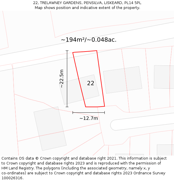 22, TRELAWNEY GARDENS, PENSILVA, LISKEARD, PL14 5PL: Plot and title map