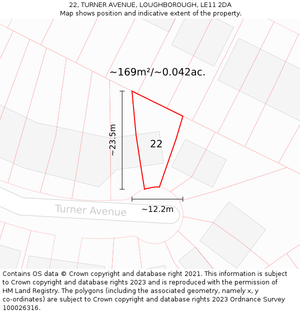 22, TURNER AVENUE, LOUGHBOROUGH, LE11 2DA: Plot and title map