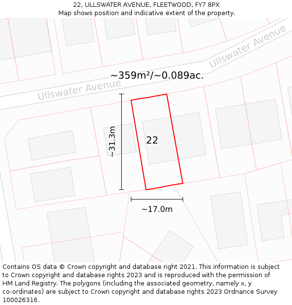 22, ULLSWATER AVENUE, FLEETWOOD, FY7 8PX: Plot and title map