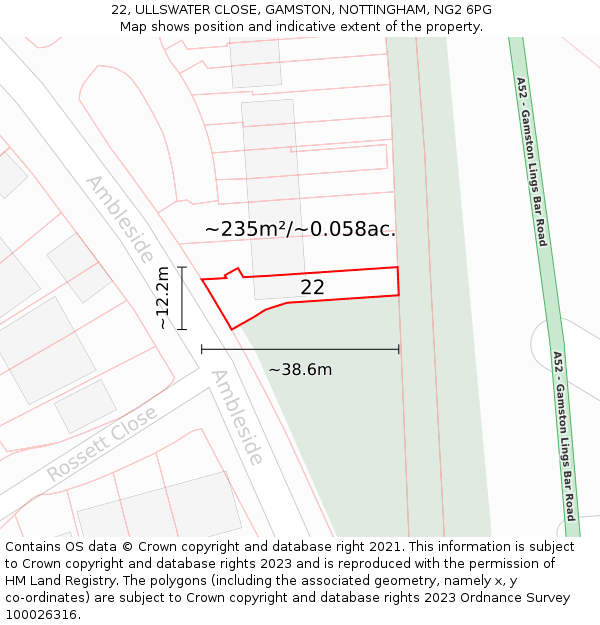 22, ULLSWATER CLOSE, GAMSTON, NOTTINGHAM, NG2 6PG: Plot and title map