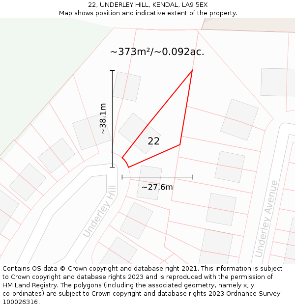 22, UNDERLEY HILL, KENDAL, LA9 5EX: Plot and title map