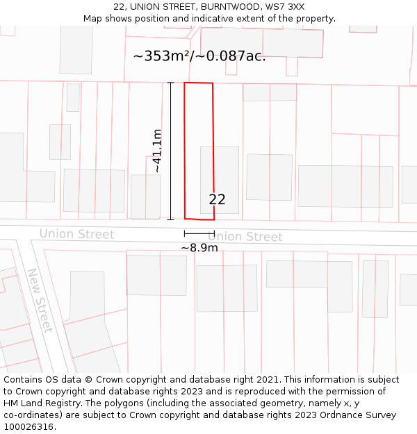 22, UNION STREET, BURNTWOOD, WS7 3XX: Plot and title map