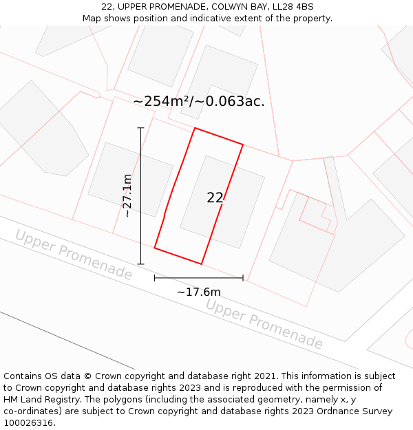 22, UPPER PROMENADE, COLWYN BAY, LL28 4BS: Plot and title map