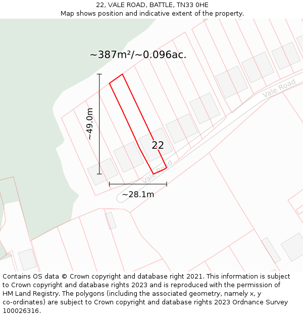 22, VALE ROAD, BATTLE, TN33 0HE: Plot and title map