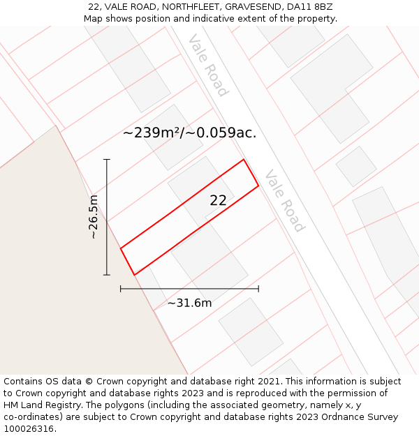 22, VALE ROAD, NORTHFLEET, GRAVESEND, DA11 8BZ: Plot and title map