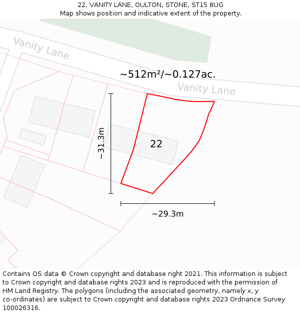 22, VANITY LANE, OULTON, STONE, ST15 8UG: Plot and title map